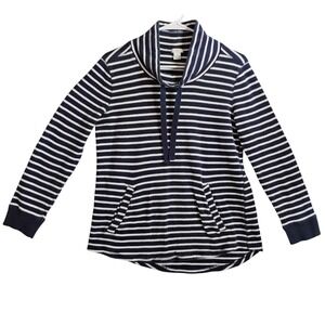 J.Crew Women's Medium Navy White Striped Pullover Sweatshirt Funnel Neck